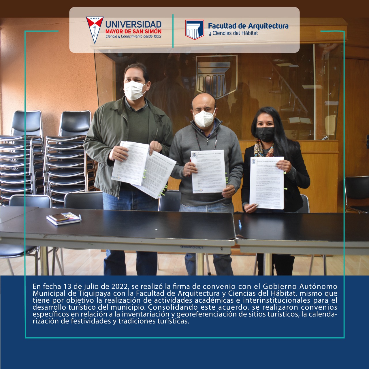 Convenio con el Gobierno Autónomo Municipal de Tiquipaya con la Facultad de Arquitectura y Ciencias del Hábitat
